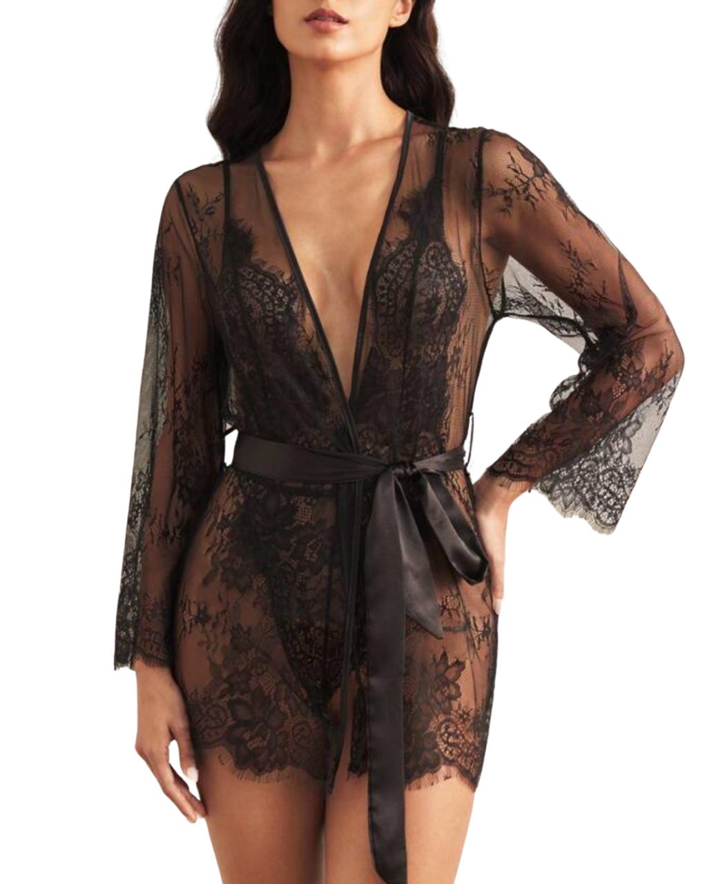 Black Lace Deep-Plunge Bodysuit with Sheer Lace Robe – Elegant Bridal & Romantic Lingerie Set