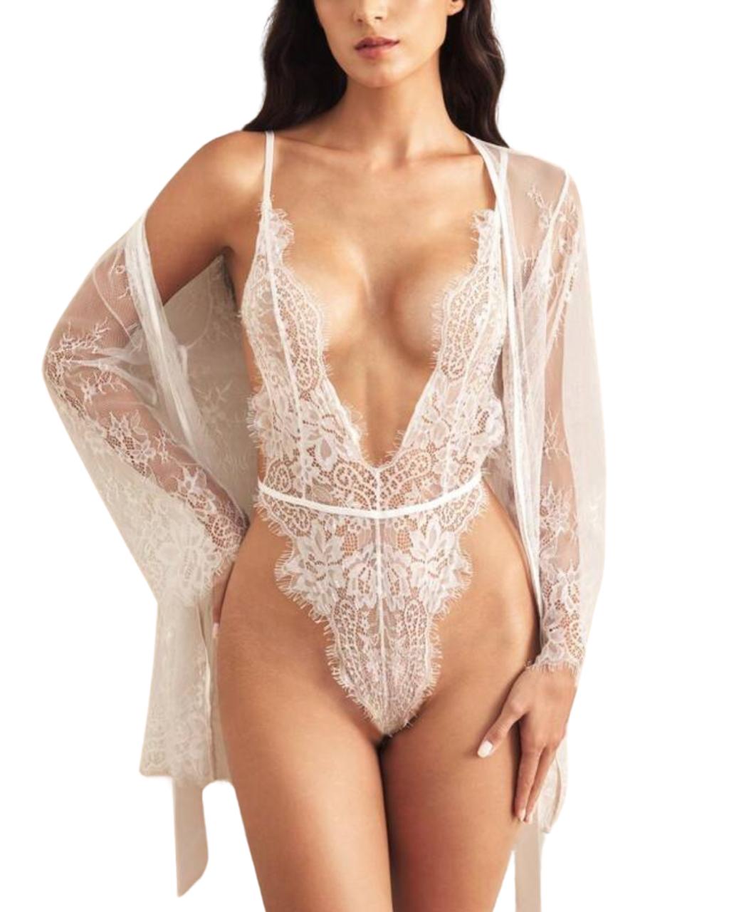 White Sheer Lace Deep-V Bodysuit with Matching Robe – Elegant Bridal & Romantic Lingerie Set