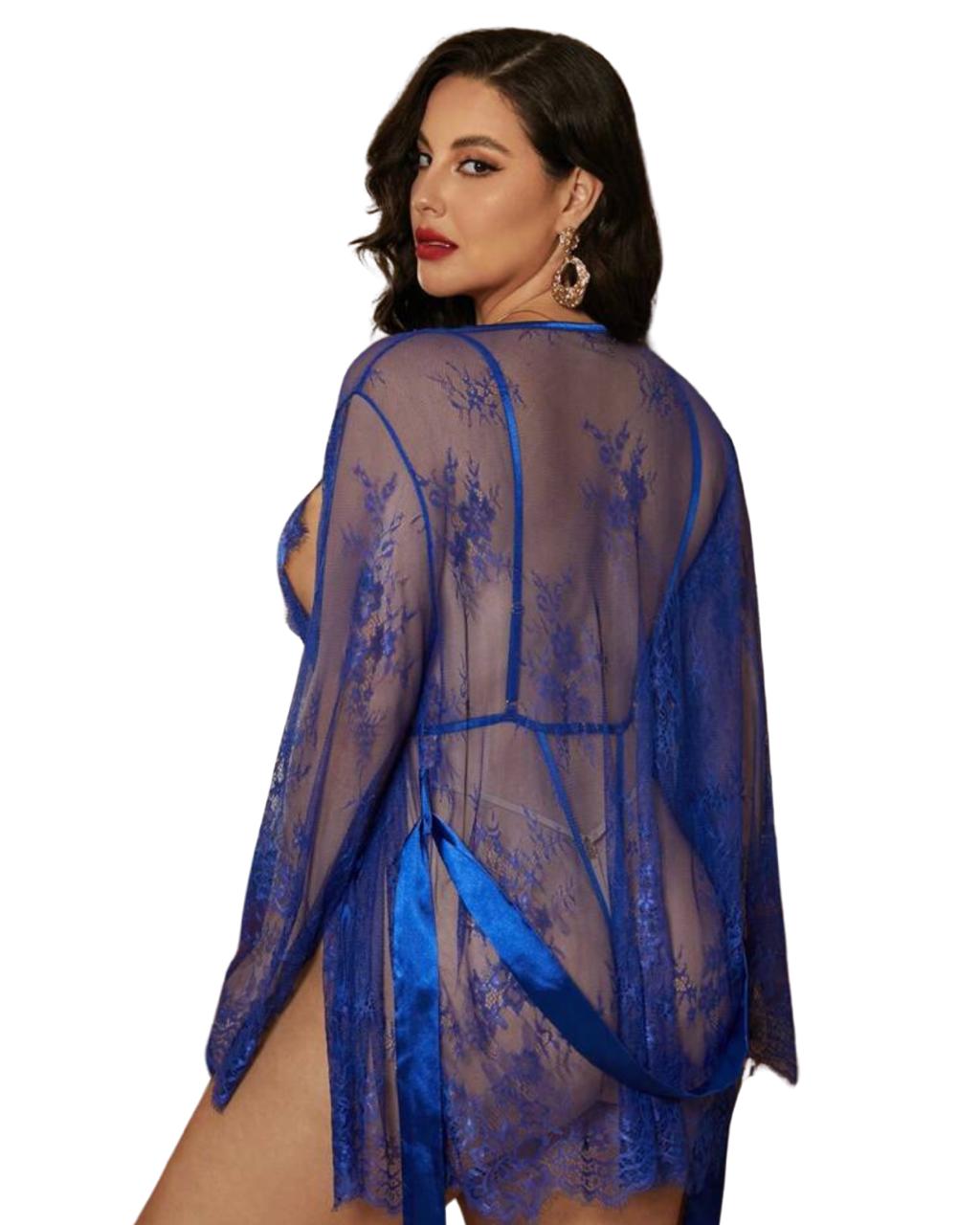 Royal Blue Lace Bodysuit & Sheer Robe Set – Deep Plunge Sexy Lingerie for Women
