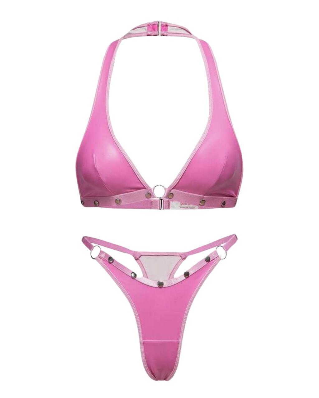 Hot Pink Halter Lingerie Set – Studded Strappy Bralette & High-Cut Thong