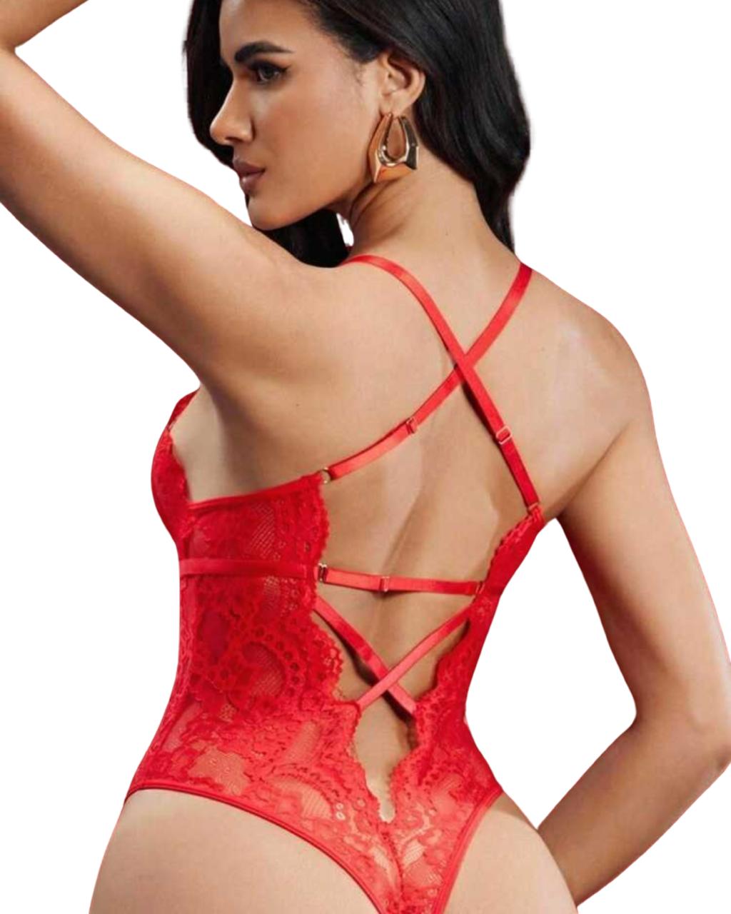 Crimson Temptation Lace Bodysuit – Fierce Red Seduction