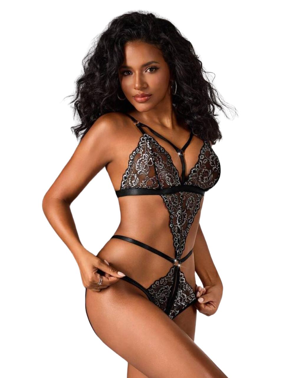 Black Lace Strappy Teddy Bodysuit – Sheer Floral One-Piece Lingerie with Harness Detail