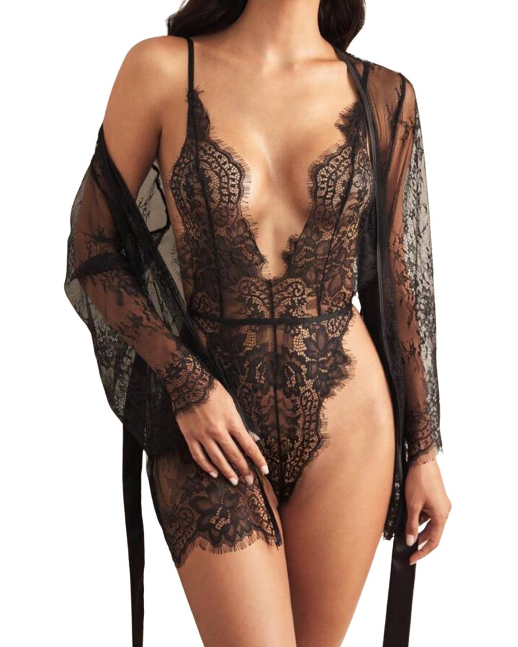 Black Lace Deep-Plunge Bodysuit with Sheer Lace Robe – Elegant Bridal & Romantic Lingerie Set