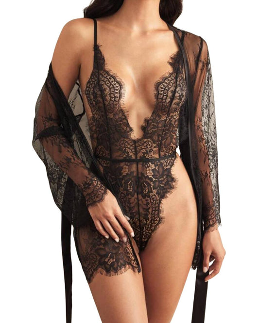 Black Lace Deep-Plunge Bodysuit with Sheer Lace Robe – Elegant Bridal & Romantic Lingerie Set