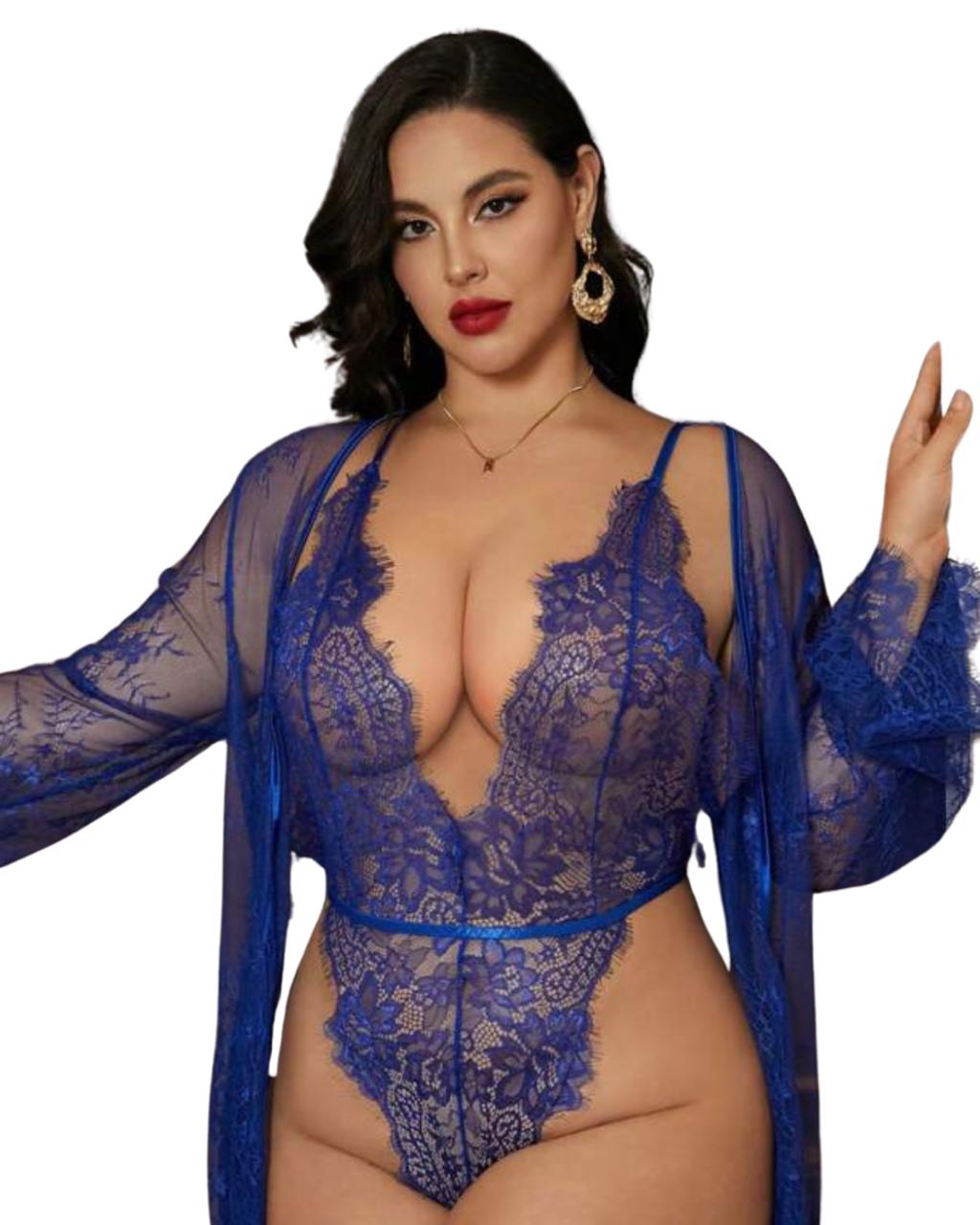 Royal Blue Lace Bodysuit & Sheer Robe Set – Deep Plunge Sexy Lingerie for Women