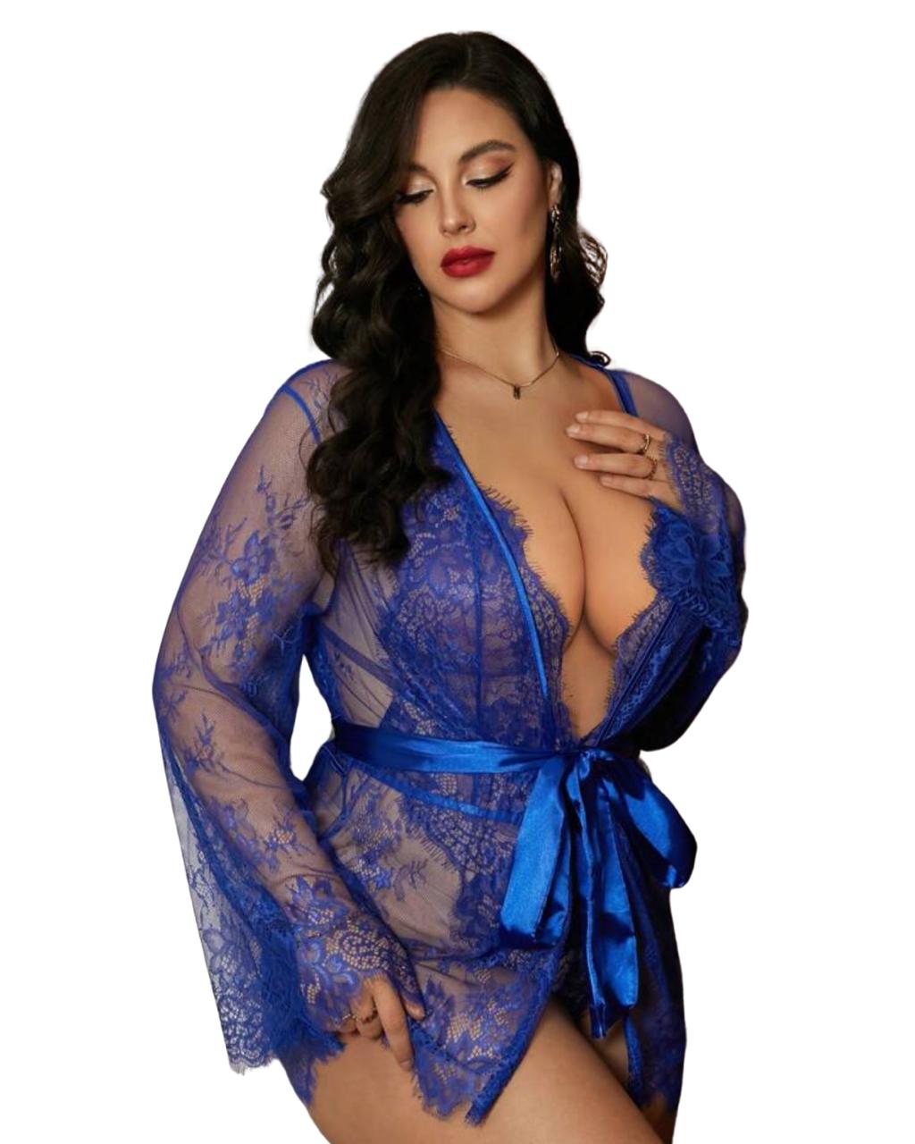 Royal Blue Lace Bodysuit & Sheer Robe Set – Deep Plunge Sexy Lingerie for Women