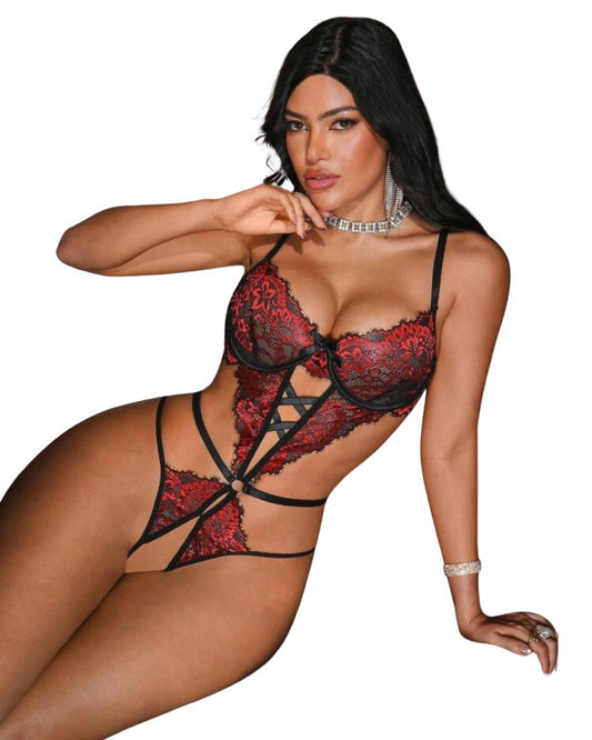 Red & Black Lace Strappy Teddy Lingerie Set – Seductive Sheer Bodysuit for Women