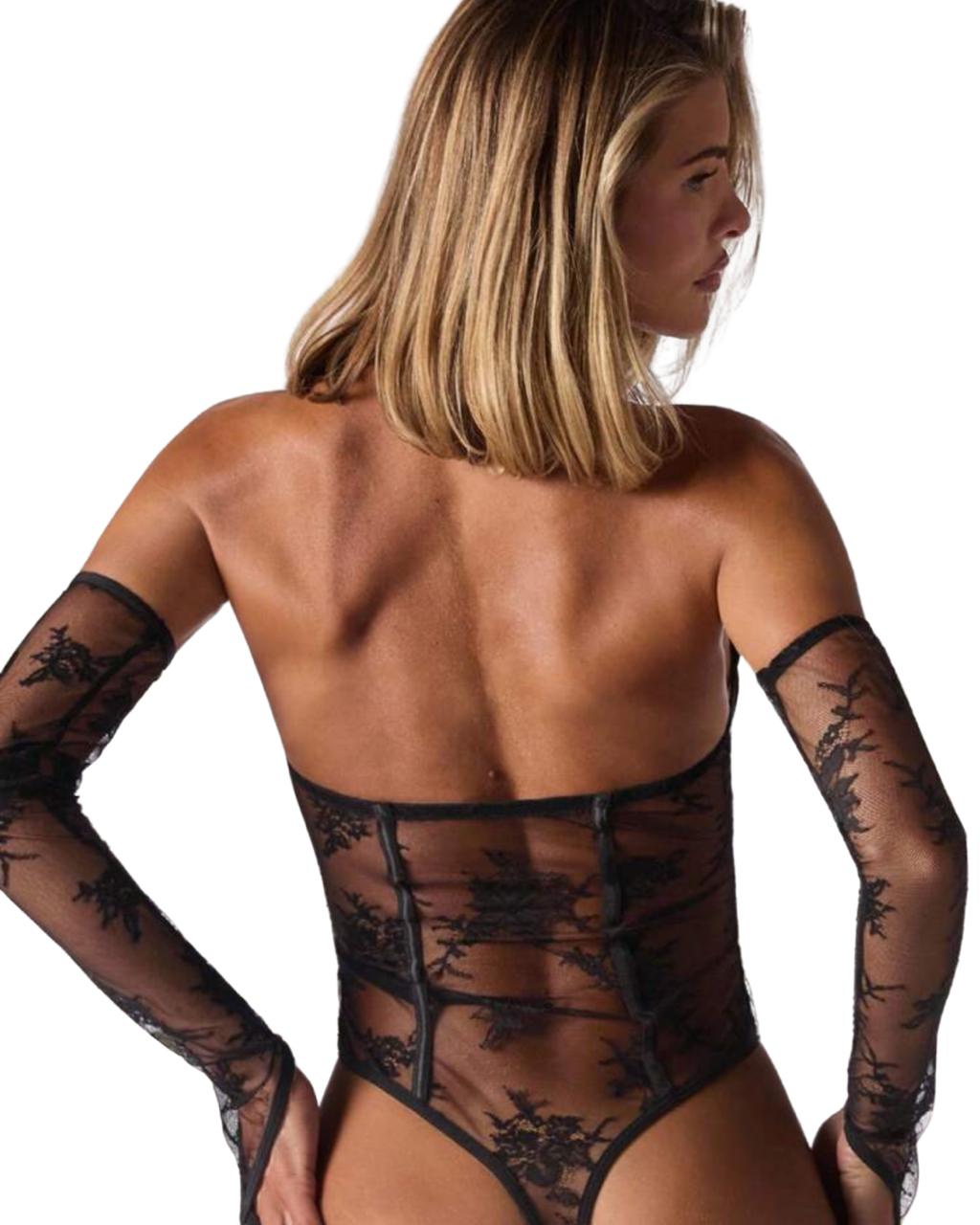Sheer Black Lace Long-Sleeve Bodysuit – Seductive Open-Back Lingerie for Women