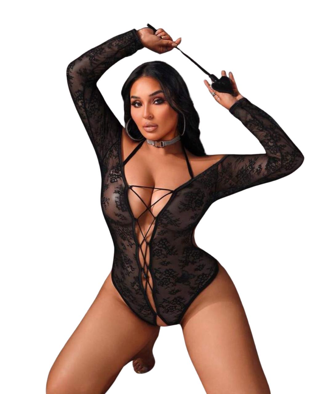 Black Lace Open-Front Bodysuit – Sheer Long Sleeve Sexy Lingerie
