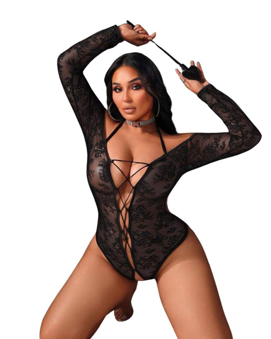 Black Lace Open-Front Bodysuit – Sheer Long Sleeve Sexy Lingerie