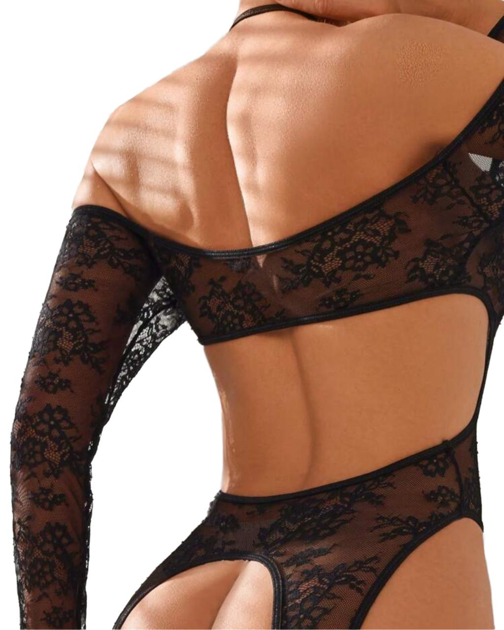 Black Lace Open-Front Bodysuit – Sheer Long Sleeve Sexy Lingerie