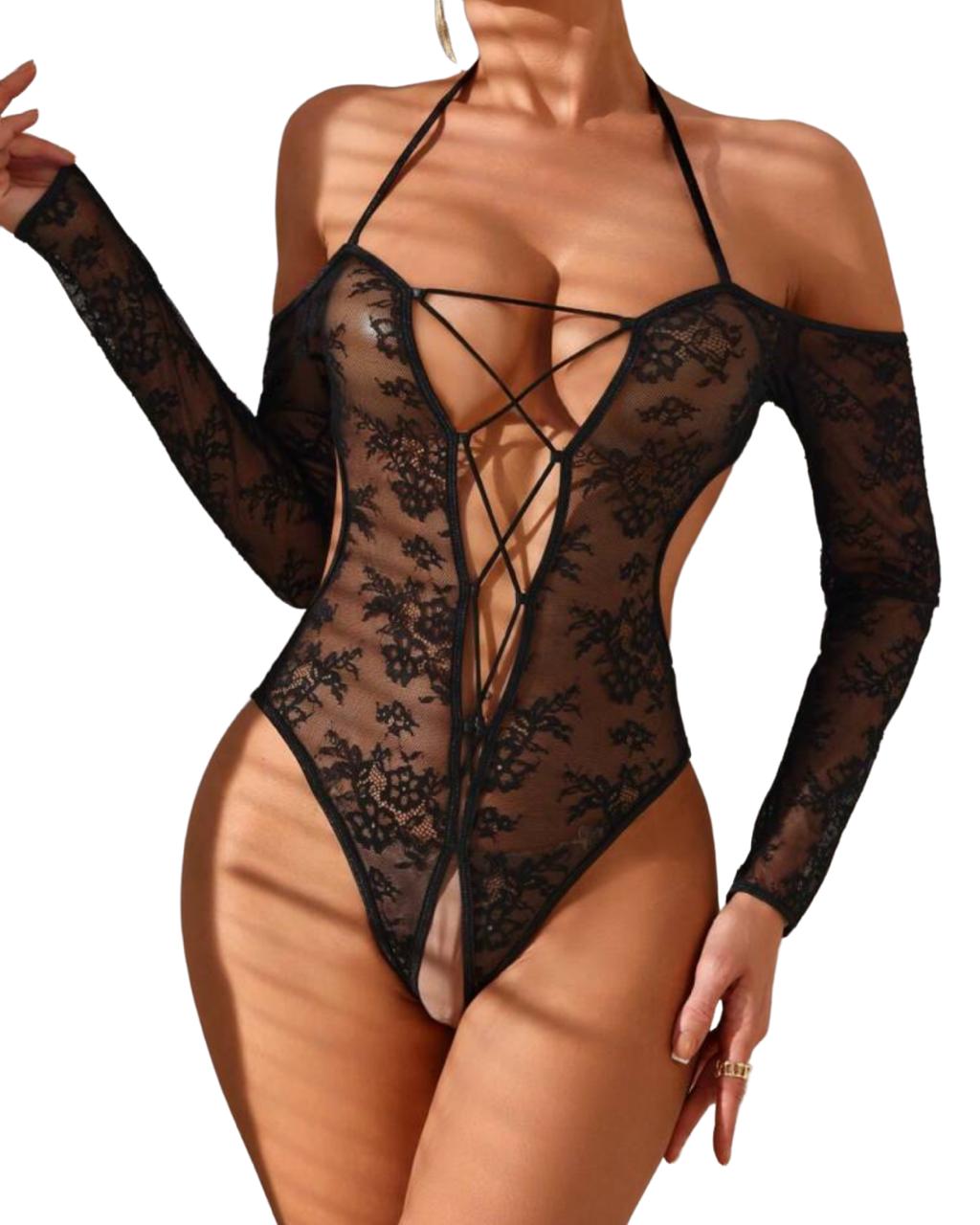 Black Lace Open-Front Bodysuit – Sheer Long Sleeve Sexy Lingerie