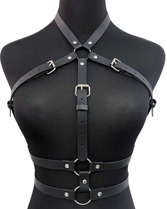Black Adjustable Leather Body Harness – Gothic Chest Strap Lingerie