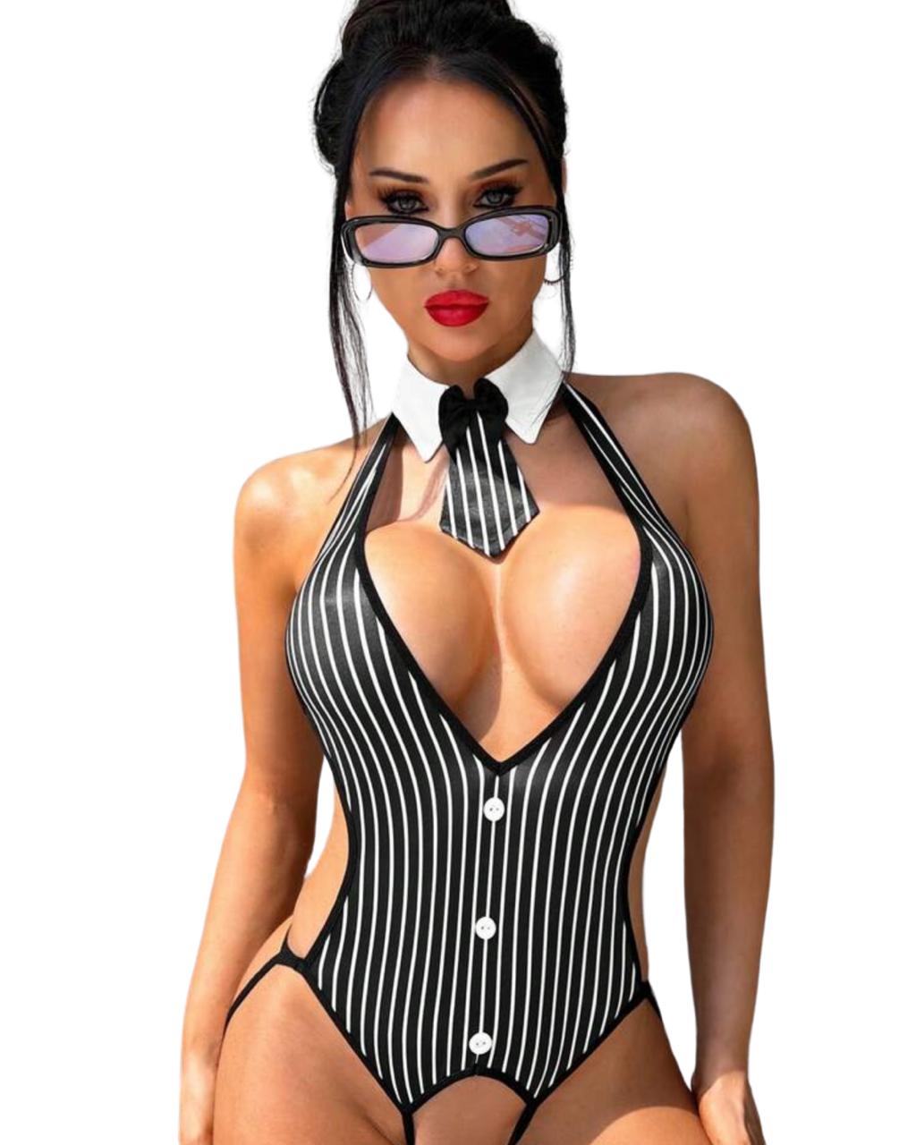 Sexy Pinstripe Secretary Bodysuit with Collar & Tie – Seductive Black Lingerie