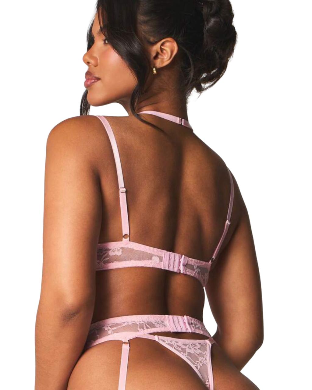 Blush Pink Lace 3-Piece Lingerie Set with Garter Belt & Stockings – Sheer Romantic Bridal Intimates