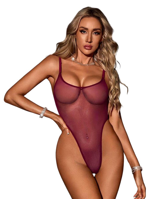Sheer Burgundy Mesh High-Cut Bodysuit – Ultra-Sexy Transparent Lingerie One-Piece
