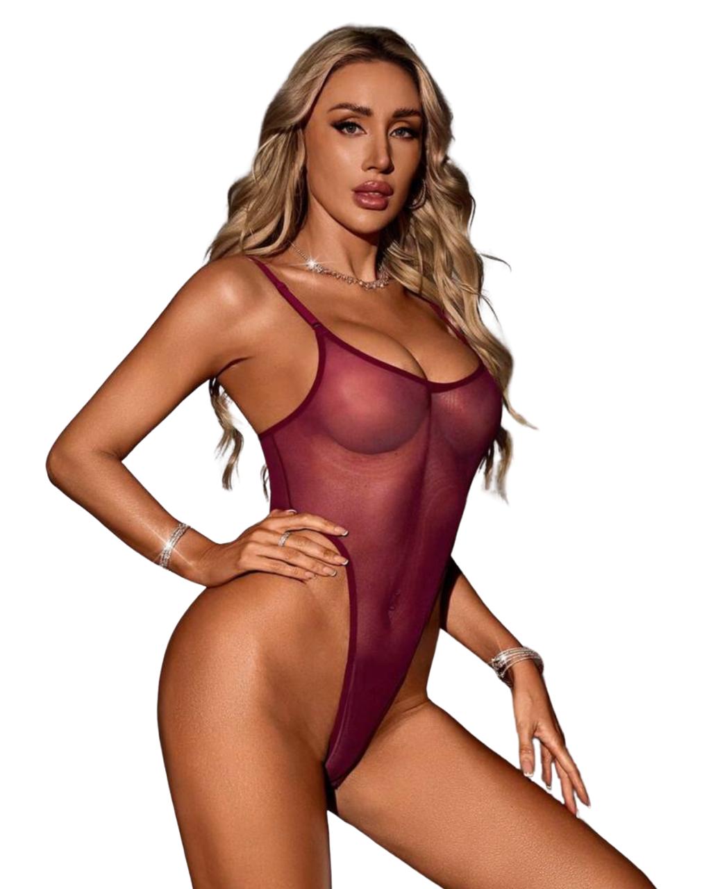 Sheer Burgundy Mesh High-Cut Bodysuit – Ultra-Sexy Transparent Lingerie One-Piece