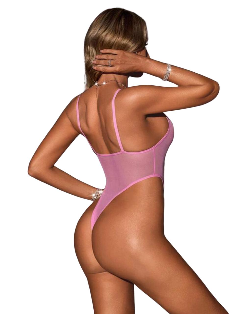 Sheer Pink High-Cut Mesh Bodysuit – Ultra-Sexy Transparent Lingerie