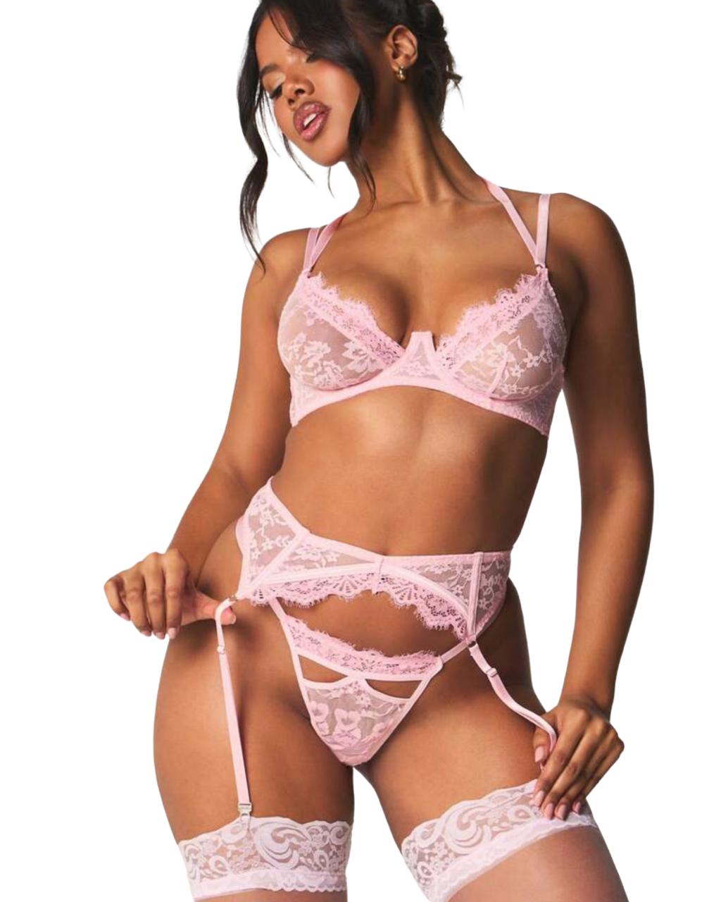 Blush Pink Lace 3-Piece Lingerie Set with Garter Belt & Stockings – Sheer Romantic Bridal Intimates